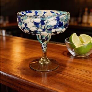 Hand-Blown Mexican Margarita Glass - Blue & White "Confetti" Glass